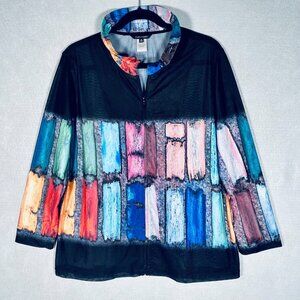 John Mark Top Womens M Blue Black Full Zip Wired Collar Sheer Artsy Art Colorful